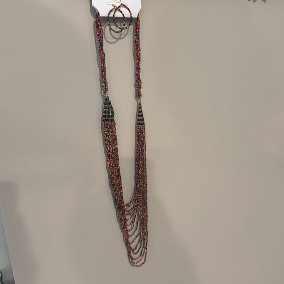 Multicolor Beaded Necklace and Hoop Earrings Set - Picture 1 of 2